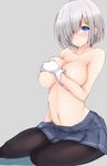  black_legwear blue_eyes blush breasts collarbone covering covering_breasts gloves grey_background hair_ornament hair_over_one_eye hairclip hamakaze_(kantai_collection) highres kantai_collection large_breasts looking_at_viewer navel pantyhose ryuu. short_hair silver_hair simple_background sitting skirt solo topless white_gloves 