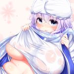  bad_id bad_pixiv_id blue_eyes blush breasts curvy eyes_visible_through_hair fat_folds hat large_breasts lavender_hair letty_whiterock looking_at_viewer nose_blush open_mouth parted_lips plump scarf see-through shiro_oolong-cha shirt shirt_lift short_hair skindentation snowflake_print solo symbol-shaped_pupils touhou wet wet_clothes wet_shirt white_shirt yuki_onna 