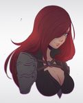  armor artist_name breasts cleavage collarbone grey_background hair_over_one_eye ilya_kuvshinov_(style) katarina_du_couteau koyorin large_breasts league_of_legends lips long_hair looking_at_viewer red_hair scar scar_across_eye shoulder_pads simple_background solo upper_body watermark web_address 