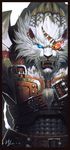  2015 angry anthro armor beard blue_eyes bright_eyes detailed digital_media_(artwork) ear_piercing facial_hair fangs feline front_view fur lion looking_at_viewer male mammal mane open_mouth piercing portrait rengar simple_background solo standing unknown_artist whiskers white_background white_fur 