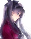  bangs black_hair black_ribbon blue_eyes closed_mouth eyelashes fate/stay_night fate_(series) from_side hair_ribbon long_hair looking_away looking_down mallizmora profile red_sweater ribbon simple_background solo sweater toosaka_rin turtleneck two_side_up upper_body white_background 