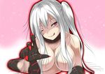 ;p aircraft_carrier_hime aircraft_carrier_oni breasts cleavage fingernails kantai_collection large_breasts long_fingernails naughty_face one_eye_closed one_side_up pink_background red_eyes shigatsu_(soratobuusagi) shinkaisei-kan solo tongue tongue_out white_hair 