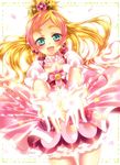  :d absurdres blonde_hair blush cowboy_shot cure_flora earrings flower flower_earrings flower_necklace gloves go!_princess_precure green_eyes happy haruno_haruka highres jewelry long_hair looking_at_viewer magic magical_girl multicolored_hair necklace open_mouth outstretched_hand pink_hair pink_skirt precure skirt smile solo streaked_hair touki_matsuri two-tone_hair white_gloves 