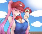  between_breasts blood blush breasts commentary_request cosplay gloves haganef hat kalvia large_breasts mario mario_(cosplay) mario_(series) mushroom naked_overalls nosebleed o_o open_mouth original overalls pale_face pink_eyes pink_hair ponytail solo super_mario_bros. sweat sweatdrop the-sinner 