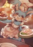  aoneko apron bunny closed_eyes food furry hat holding odin_sphere open_mouth pancake pasta pooka_(odin_sphere) round_teeth short_hair shrimp solo steam teeth tray white_hair 