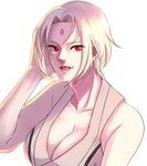  alternate_hairstyle bad_id bad_pixiv_id blonde_hair breasts cleavage collarbone hand_in_hair large_breasts lips lipstick looking_at_viewer makeup may_c naruto naruto_(series) open_mouth red_eyes short_hair simple_background smile solo tsunade white_background 