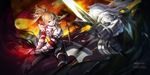  1girl battle blonde_hair duel fate/apocrypha fate_(series) foreshortening green_eyes highres long_hair magic mordred_(fate) mordred_(fate)_(all) pauldrons ponytail siegfried_(fate) sky swd3e2 sword weapon 