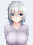  :o alternate_costume blue_eyes blush breasts eyes_visible_through_hair hair_ornament hair_over_one_eye hairclip hamakaze_(kantai_collection) highres kantai_collection large_breasts ribbed_sweater short_hair silver_hair solo sweater tapisuke 