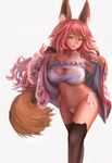  animal_band_legwear animal_ears bad_id bad_pixiv_id black_legwear breasts cat_band_legwear cat_cutout cat_ear_panties cat_lingerie cleavage_cutout covered_nipples fate/extra fate_(series) fox_ears fox_tail highres large_breasts long_hair looking_at_viewer meme_attire navel open_clothes open_mouth panties pink_hair ru03s06 side-tie_panties simple_background solo tail tamamo_(fate)_(all) tamamo_no_mae_(fate) thighhighs underwear white_background yellow_eyes 