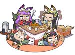  :3 animal_ears bastet_(p&amp;d) black_hair blush bowl cat_ears cat_paws cat_tail cellphone chibi circlet closed_eyes commentary_request cup dark_skin earrings eating egyptian facial_mark food fruit green_eyes ice_cream ice_cream_cone jewelry kotatsu licking long_hair lying mandarin_orange medjedra multiple_girls on_back on_stomach open_mouth orange paws phone purple_hair puzzle_&amp;_dragons red_eyes smile stylus table tail teapot tokkyuu_mikan tongue tongue_out under_kotatsu under_table 
