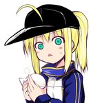  ahoge artoria_pendragon_(all) baozi baseball_cap blonde_hair fate_(series) food green_eyes gym_uniform hat jacket mysterious_heroine_x ponytail rojiura_satsuki:_chapter_heroine_sanctuary scarf sen_(astronomy) simple_background solo track_jacket triangle_mouth upper_body white_background 