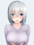  :o alternate_costume blue_eyes blush breast_grab breasts embarrassed eyes_visible_through_hair grabbing hair_ornament hair_over_one_eye hairclip hamakaze_(kantai_collection) highres kantai_collection large_breasts pov ribbed_sweater short_hair silver_hair solo_focus sweater tapisuke 