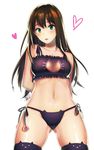  2016 animal_band_legwear arms_behind_back ass_visible_through_thighs bad_id bad_pixiv_id bangs black_bra black_hair black_panties blush bra breasts cat_band_legwear cat_cutout cat_ear_panties cat_lingerie cleavage cleavage_cutout collarbone dated earrings green_eyes heart highres idolmaster idolmaster_cinderella_girls jewelry long_hair looking_at_viewer medium_breasts meme_attire navel noixen panties shibuya_rin side-tie_panties simple_background solo standing stomach thighhighs underwear white_background 