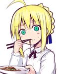  ahoge artoria_pendragon_(all) blonde_hair braid chopsticks eating fate/stay_night fate_(series) food food_on_face green_eyes saber sen_(astronomy) simple_background solo triangle_mouth upper_body white_background yakisoba 
