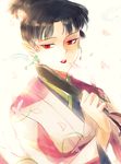  bad_id bad_pixiv_id bangs black_hair earrings fan inuyasha japanese_clothes jewelry kaguya_(inuyasha) kimono light_smile lipstick looking_down makeup may_c parted_lips petals pointy_ears red_eyes simple_background solo tied_hair white_background 