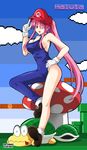  breasts commentary_request cosplay gloves hat highres kalvia koopa_troopa large_breasts looking_at_viewer mario mario_(cosplay) mario_(series) naked_overalls one_eye_closed open_mouth original overalls pink_hair ponytail solo super_mario_bros. the-sinner 