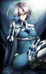  ahoge armor bad_id bad_pixiv_id blazblue blue_gloves bodysuit breasts eyepatch gauntlets gloves hair_between_eyes hand_on_leg highres inaba_sunimi looking_at_viewer medium_breasts nu-13 red_eyes silver_hair sitting solo unitard 