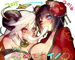  2016 2girls alternate_costume animal_ears bare_shoulders blue_eyes breasts cleavage eating food guilty_gear guilty_gear_xrd hair_ornament halo horns i-no jack-o'_valentine large_breasts long_hair looking_at_viewer mochi mole mole_above_mouth monkey_ears mouth_hold multiple_girls oro_(sumakaita) red_eyes shared_food sheep_horns short_hair simple_background white_background white_hair 
