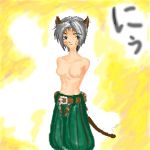  animal_ears cat_ears cat_tail final_fantasy final_fantasy_xi green_pants mithra pants tail thief topless translation_request white_hair 