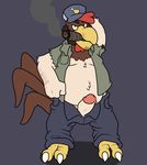  anthro avian barefoot bird blueballs chicken cigar clothed clothing erection flat_colors front_view hand_behind_head humanoid_penis looking_at_viewer male moobs naughty_face open_pants open_shirt penis pinup pose redneck smoking solo 