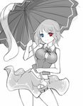  adapted_costume blue_eyes breasts bursting_breasts button_gap cleavage contrapposto greyscale heterochromia highres hips karakasa_obake large_breasts long_tongue midriff monochrome navel no_nose raptor7 red_eyes skirt smile solo spot_color standing tatara_kogasa tongue touhou umbrella 