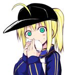  ahoge artoria_pendragon_(all) baozi baseball_cap blonde_hair eating fate_(series) food green_eyes gym_uniform hat jacket mysterious_heroine_x ponytail rojiura_satsuki:_chapter_heroine_sanctuary scarf sen_(astronomy) simple_background solo track_jacket triangle_mouth upper_body white_background 