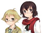  abenattou ahoge bespectacled blonde_hair blouse blush brown_eyes brown_hair caesar_(girls_und_panzer) erwin_(girls_und_panzer) girls_und_panzer glasses jacket military military_uniform multiple_girls neckerchief no_hat no_headwear ooarai_school_uniform open_clothes open_jacket red-framed_eyewear scarf school_uniform semi-rimless_eyewear serafuku short_hair standing under-rim_eyewear uniform upper_body white_blouse 