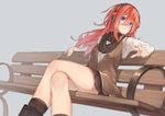  bench boots buttons crossed_legs headphones highres long_hair looking_at_viewer original park_bench purple_eyes red_hair scarf sitting skirt smile solo v vest zz199595 