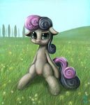  2014 equine female feral flower friendship_is_magic frown fur grass green_eyes hair hi_res horn landscape looking_at_viewer mammal meadow mrs1989 multicolored_hair my_little_pony outside plant sitting solo sweetie_belle_(mlp) tree two_tone_hair unicorn white_fur 