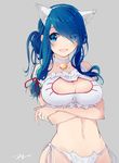  :d animal_ears bell bell_choker blue_eyes blue_hair breast_rest breasts cat_cutout cat_ear_panties cat_ears cat_lingerie choker cleavage cleavage_cutout commentary_request crossed_arms eyes_visible_through_hair female_admiral_(kantai_collection) frill_trim hair_over_one_eye highres jingle_bell kantai_collection large_breasts meme_attire navel open_mouth panties ribbon side-tie_panties simple_background smile solo tebi_(tbd11) underwear underwear_only 