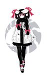 animal_ears bangs blunt_bangs bow coat glasses hair_bow hair_scarf high-waist_skirt highres horn_ribbon horned_girl_(jaco) horns jaco long_hair monochrome original pantyhose red-framed_eyewear red_eyes ribbon shoes sidelocks skirt sleeves_past_wrists solo spot_color twintails 