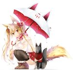  animal_ear_fluff animal_ears animal_themed_umbrella bare_shoulders black_legwear blush boots bow fox fox_ears fox_tail fur_boots hair_bow hair_ornament hairclip highres kneeling long_hair off-shoulder_sweater original print_umbrella red_eyes simple_background skirt smile solo sweater tail thighhighs twintails ugg_boots umbrella usagihime white_background 