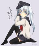  adjusting_hair alternate_hairstyle aqua_eyes aqua_hair black_legwear black_skirt blush flat_cap grey_background hat hibiki_(kantai_collection) kantai_collection long_hair long_sleeves looking_at_viewer miniskirt motohara_moka neckerchief no_shoes pleated_skirt sailor_collar school_uniform serafuku simple_background sitting skirt solo thighhighs translated twintails twitter_username 