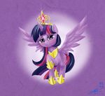  2015 abstract_background blush crown cutie_mark equine feathered_wings feathers female feral flying friendship_is_magic fur hair hi_res horn jewelry looking_at_viewer mammal mrs1989 multicolored_hair my_little_pony necklace purple_eyes purple_feathers purple_fur smile solo twilight_sparkle_(mlp) winged_unicorn wings 