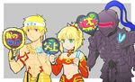  2boys abs armor bandeau berserker_(fate/zero) blonde_hair breastplate detached_sleeves earrings fan fate/apocrypha fate/grand_order fate/stay_night fate/zero fate_(series) full_armor gauntlets gilgamesh gloves glowstick green_eyes headband helmet highres jewelry midriff mordred_(fate) mordred_(fate)_(all) multiple_boys navel necklace ponytail red_eyes red_scrunchie ruchi scrunchie shirtless single_gauntlet single_glove strapless translated 
