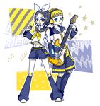  2boys :o androgynous bangs belt black_hair blonde_hair blue_eyes bow cosplay crossdressing earbuds earphones gopher guitar hair_ornament hairclip instrument justin_law kagamine_len kagamine_len_(cosplay) kagamine_rin kagamine_rin_(cosplay) looking_at_viewer male_focus microphone multiple_boys music navel necktie open_mouth otoko_no_ko short_hair shorts simple_background singing soul_eater vocaloid 
