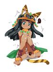  1girl :&lt; animal_ears anklet bangs bare_shoulders barefoot bastet_(p&amp;d) between_legs black_hair blunt_bangs blush cat_ears cat_tail collar covering covering_crotch dark_skin flying_sweatdrops frown full_body gold green_eyes hand_between_legs hands_clasped have_to_pee highres jewelry knees_to_chest knees_together_feet_apart long_hair own_hands_together panties puzzle_&amp;_dragons simple_background solo straight_hair striped striped_panties sweat t=k tail tears tiara toe_scrunch trembling underwear white_background 