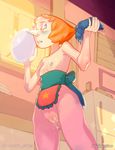  alien apron blue_eyes blush breasts clitoris female gem gem_(species) hair hi_res looking_down nervous nipples not_furry orange_hair pearl_(steven_universe) pussy pussy_juice standing steven_universe watermark 