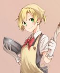  apron bangs blonde_hair blouse blurry bowl buttons chocolate collared_shirt gloves green_eyes head_scarf heart highres kantai_collection looking_at_viewer maikaze_(kantai_collection) parted_bangs ponytail red_ribbon ribbon school_uniform shirt short_hair simple_background smile solo spatula tenugui tsukamoto_minori uniform valentine vest white_blouse white_gloves 