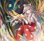  bamboo bamboo_forest bow forest fujiwara_no_mokou full_moon hair_bow kazu_(muchuukai) long_hair long_sleeves moon nature ofuda open_mouth pants phoenix_wings red_eyes shirt silver_hair solo suspenders torn_clothes torn_sleeves touhou very_long_hair wings 