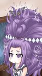  absurdly_long_hair bare_shoulders buttons dress eyebrows hair_ribbon hatsuharu_(kantai_collection) headgear hikimayu indoors kantai_collection long_hair messy_hair open_mouth ouno_(nounai_disintegration) ponytail purple_eyes purple_hair rain remodel_(kantai_collection) ribbon sailor_dress shide short_eyebrows solo very_long_hair window 