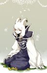  abstract_background anthro arm_support asriel_dreemurr blush boss_monster caprine claws clothing fangs flower fur goat grass horn kneeling long_ears looking_down male mammal plant red_eyes s_mayu_no simple_background sitting solo undertale video_games white_fur 