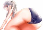  ass bangs bishoujo_mangekyou black_ribbon blue_eyes blue_swimsuit breasts cameltoe eyebrows fang from_behind from_below hair_ribbon kagarino_kirie long_hair looking_at_viewer nipples open_mouth profile ribbon silver_hair simple_background small_breasts solo swimsuit topless water_drop wet white_background white_hair yhes70903 