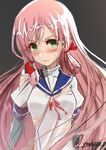  absurdres akashi_(kantai_collection) blush green_eyes hair_ribbon highres kantai_collection long_hair looking_at_viewer pink_hair ribbon school_uniform serafuku solo torn_clothes tress_ribbon yuuzaki 