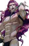  abs battle_tendency blade earrings fangs from_below hand_on_hip headband jewelry jojo_no_kimyou_na_bouken kars_(jojo) licking loincloth long_hair male_focus muscle purple_hair rae solo tongue tongue_out work_in_progress wristband 