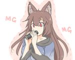  animal_ears breasts brooch brown_hair collarbone dress eating food food_in_mouth imaizumi_kagerou jewelry large_breasts long_sleeves mocchiru red_eyes solo touhou wide_sleeves wolf_ears 