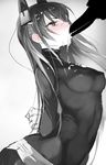  arms_behind_back blush breasts covered_navel covered_nipples dripping from_side full_mouth headgear long_hair medium_breasts menou_kaname monochrome nose_blush original profile silhouette simple_background sketch skin_tight solo_focus spot_color suggestive_fluid taishi_(picchiridou) tears tsurime very_long_hair white_background 