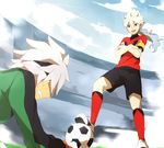  armband ball blue_hair clenched_teeth crossed_arms earth_eleven gloves goalkeeper hakuryuu_(inazuma_eleven) headband ibuki_munemasa inazuma_eleven_(series) inazuma_eleven_go inazuma_eleven_go_galaxy long_hair male_focus multicolored_hair multiple_boys ponytail red_eyes resistance_japan sekina soccer_ball soccer_uniform sportswear teeth telstar two-tone_hair white_hair 