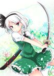  ascot black_hairband green_eyes hair_ribbon hairband highres katana konpaku_youmu miy@ ribbon short_hair silver_hair skirt skirt_set solo sword touhou vest weapon 