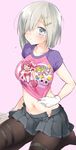  alternate_costume blue_eyes blush breasts cameo candy_(smile_precure!) character_print clothes_writing commentary_request cure_happy gloves hair_ornament hair_over_one_eye hairclip hamakaze_(kantai_collection) highres kantai_collection medium_breasts multicolored_shirt navel pantyhose precure print_shirt seiza shirt shirt_pull short_hair simple_background sino_(sionori) sitting smile_precure! solo thigh_strap white_gloves 